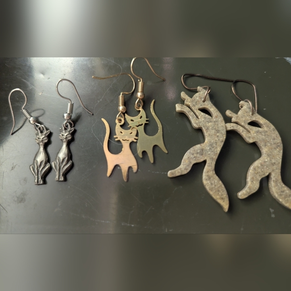 Vintage Cat Set Quirky Animal 3 Pair Earrings Sterling Gold Tone Stone